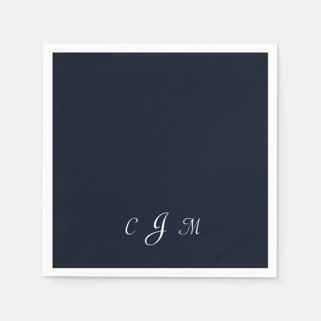 Serviette En Papier Dark Navy Script Monogramme Mariage Cocktail (Devant)