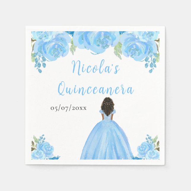 Serviette En Papier Dark Skin Princess Blue Floral Quinceanera (Devant)