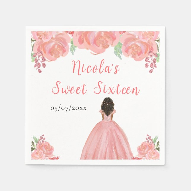 Serviette En Papier Dark Skin Princess Pink Floral Sweet Sixteen (Devant)
