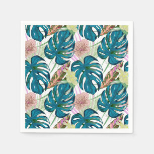 Serviette En Papier Dark turquoise monstera, delicate peach and yellow