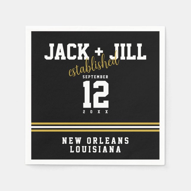 Serviette En Papier Date établie Black White Gold Mariage sportif (Devant)