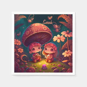 Serviette En Papier De beaux elfes mignons jouent sous les champignons