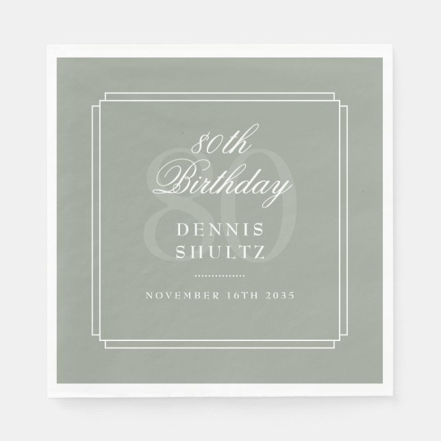 Serviette En Papier Déco classique | Sage et Blanc 80e anniversaire (Devant)