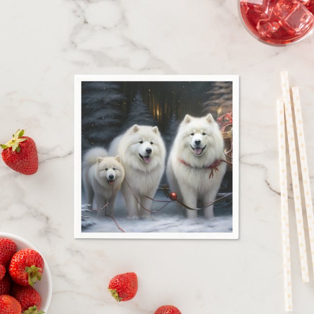 Serviette En Papier Décor de Noël Samoyed Snowy Sleigh (En situation)