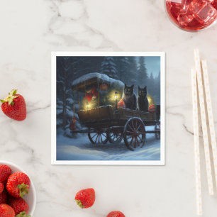 Serviette En Papier Décor de Noël Traîneau enneigé de chat noir   