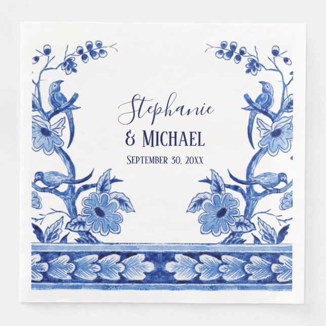 Serviette En Papier Décor Fête des mariées Indigo Blue Chinese Floral  (Devant)