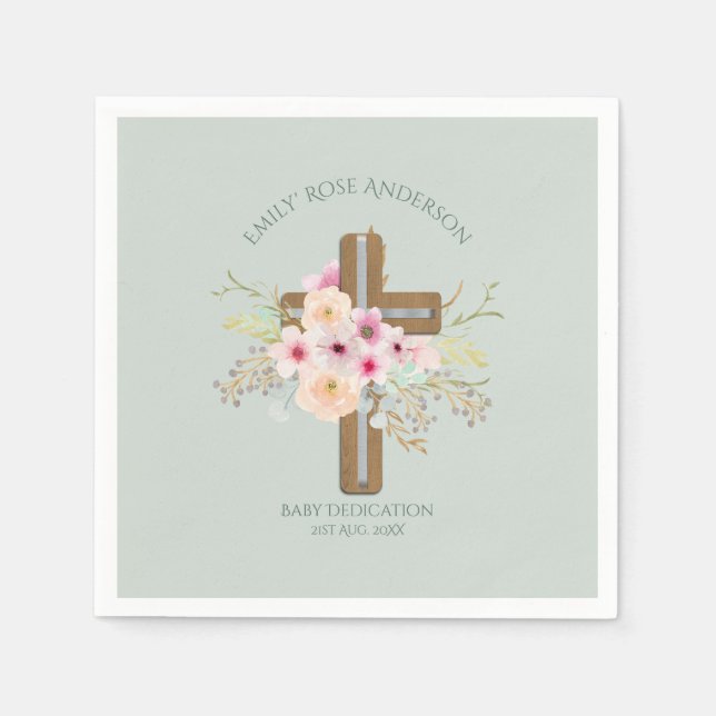 Serviette En Papier Dédication BÉBÉ personnalisée Croix florale (Devant)