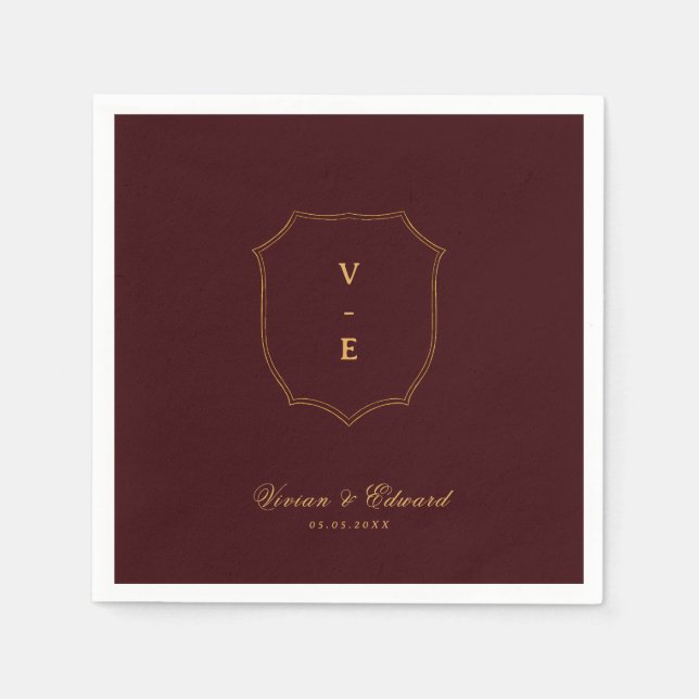 Serviette En Papier Deep Burgundy & Gold Crest Monogram Winter Wedding (Devant)