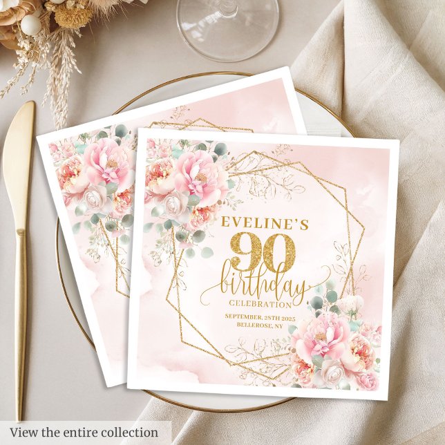 Serviette En Papier Déjeuner de 90e anniversaire rose vif (Heartfelt blush pink floral 90th birthday luncheon Napkins)
