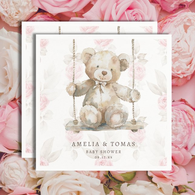 Serviette En Papier Délicate Beige Teddy Ours rose Floral Baby Girl (Créateur téléchargé)