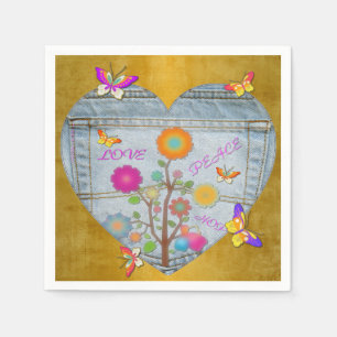 Serviette En Papier Denim Pocket Heart Flowers Papillons sur Or