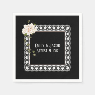 Serviette En Papier Dentelle blanche Anniversaire sur noir