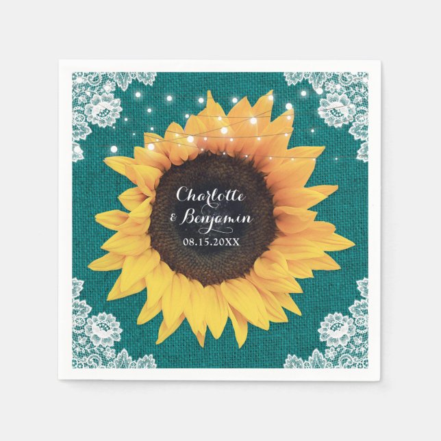 Serviette En Papier Dentelle de Burlap Turquoise Mariage de tournesol (Devant)