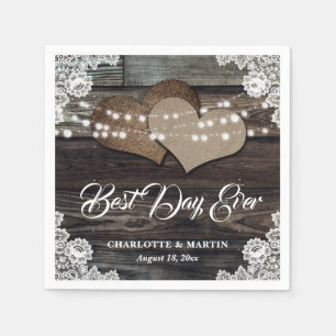 Serviette En Papier Dentelle en bois rustique Deux Mariage de Coeurs d