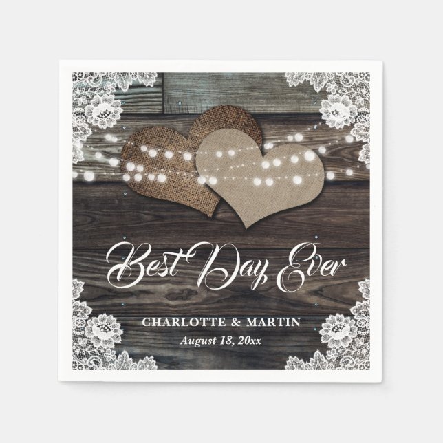 Serviette En Papier Dentelle en bois rustique Deux Mariage de Coeurs d (Devant)