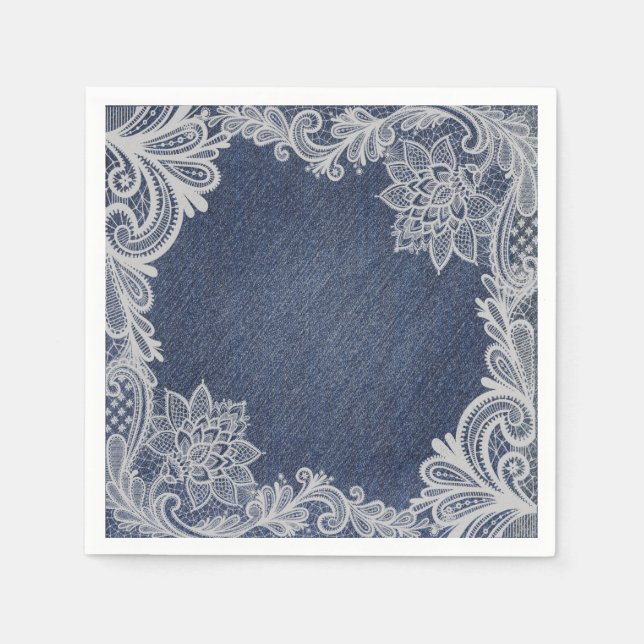 Serviette En Papier Dentelle florale Denim & Blanc Elégante Fête des m (Devant)