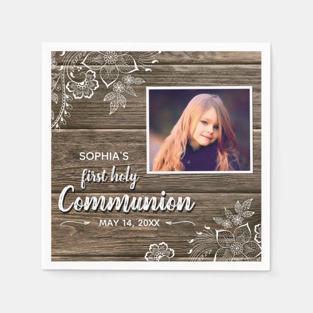 Serviette En Papier Dentelle rustique en bois Première sainte communio (Devant)