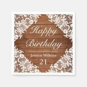 Serviette En Papier Dentelle rustique et blanche Joyeux anniversaire