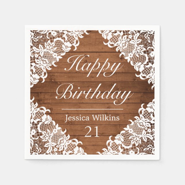 Serviette En Papier Dentelle rustique et blanche Joyeux anniversaire (Devant)