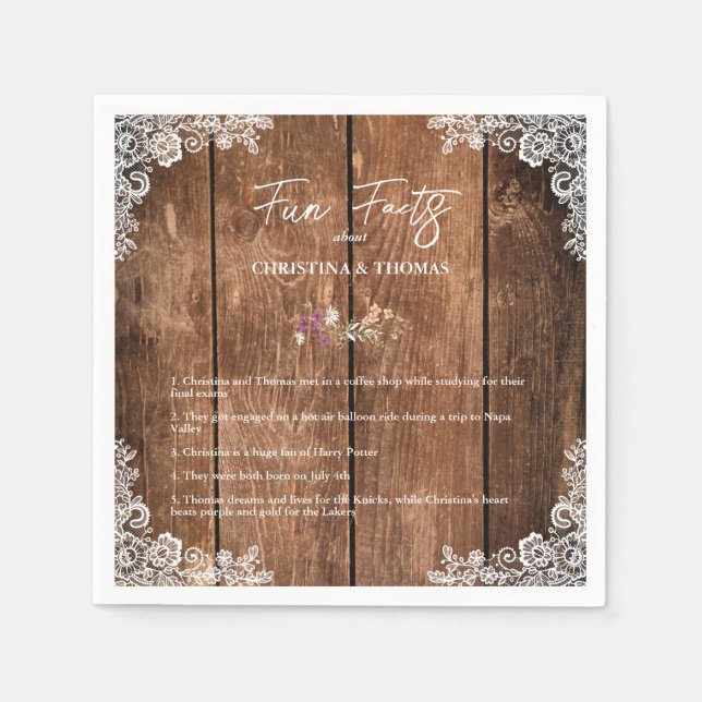 Serviette En Papier Dentelle rustique Fun Facts Barre Mariage (Devant)