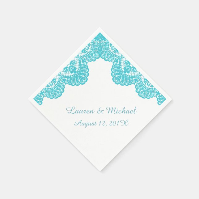 Serviette En Papier Dentelle Turquoise Faux sur Mariage blanc (Coin)