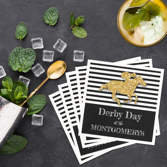Serviette En Papier Derby Gold Racehorse Grandes noires et blanches (Derby gold racehorse on black and white stripes personalized napkins)