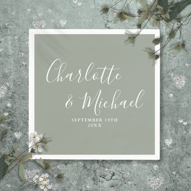Serviette En Papier Design élégant moderne Sage vert Signature Mariage (Modern Elegant Sage Green Signature Script Wedding Napkins)