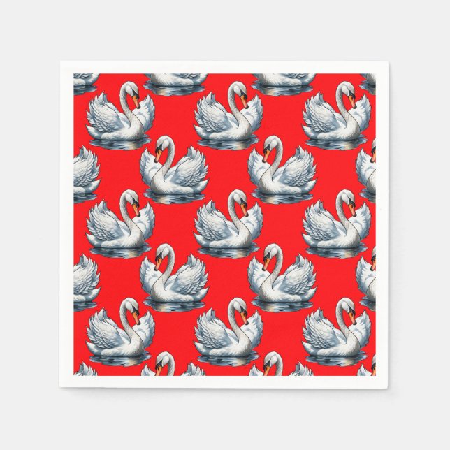 Serviette En Papier Design Motif des oiseaux de cygne sur le rouge (Devant)