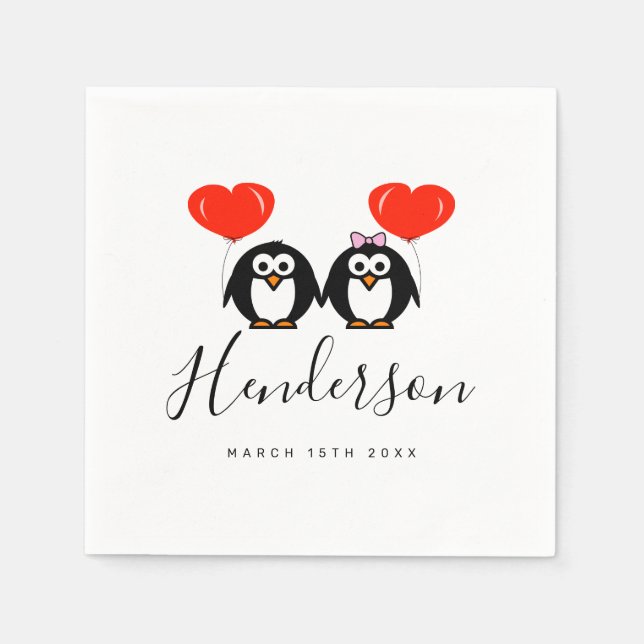Serviette En Papier Dessin de manchot romantique serviettes de mariage (Devant)