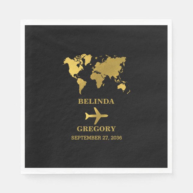 Serviette En Papier Destination Wedding World Passport Black Gold (Devant)