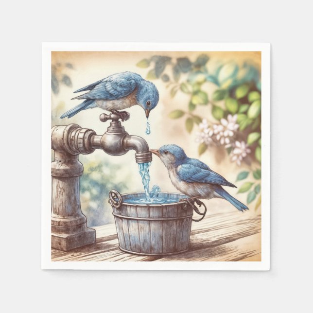 Serviette En Papier Deux Bluebirds sur un Faucet (Devant)