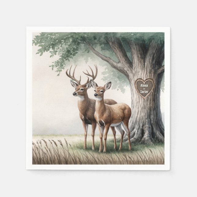 Serviette En Papier Deux Cerfs au coeur sculpté et noms (Devant)