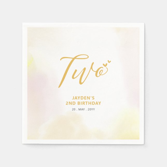 Serviette En Papier Deux | Coeurs jaunes et aquarelle 2e anniversaire (Devant)