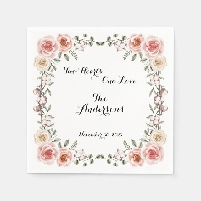 Serviette En Papier Deux Coeurs Un Amour Rustique Arbor Rose Mariage (Devant)
