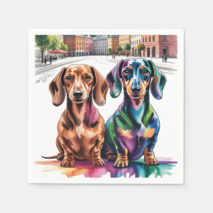 Serviette En Papier Deux dachshunds colorés sur une place de ville eur