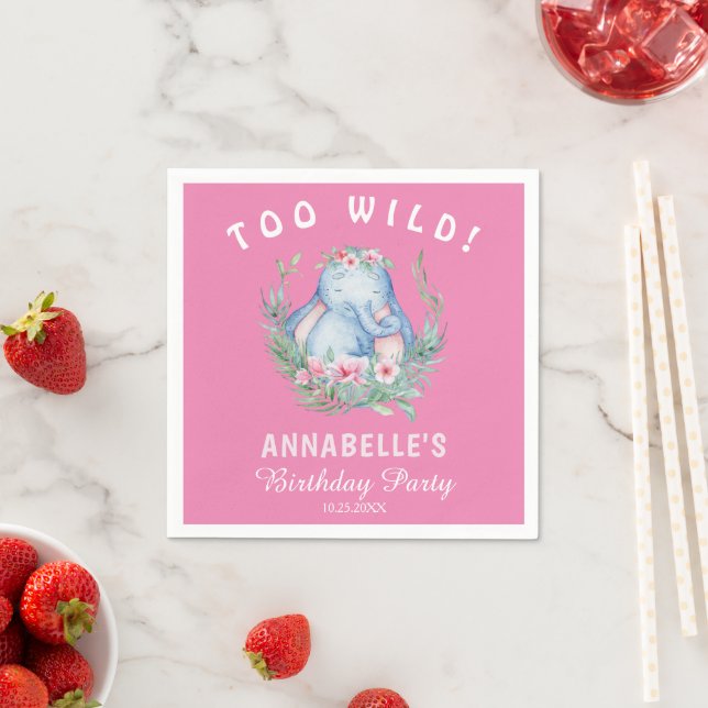 Serviette En Papier Deux éléphants tropicaux sauvages rose fête d'anni (En situation)