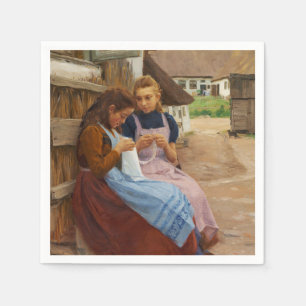 Serviette En Papier Deux Filles avec Needlework assis dans une ferme