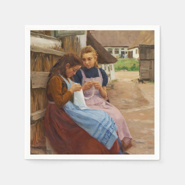 Serviette En Papier Deux Filles avec Needlework assis dans une ferme (Devant)
