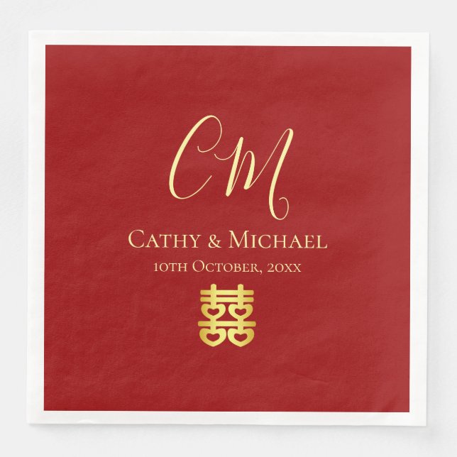 Serviette En Papier Deux initiales mariage chinois moderne rouge (Devant)