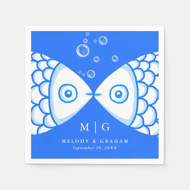 Serviette En Papier Deux poissons baisant Mariage Motif bleu et blanc (Devant)