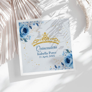 Serviette En Papier Diadème doré Quinceanera pailleté et floral bleu
