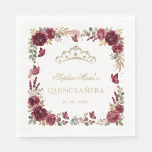 Serviette En Papier Diadème papillon floral bordeaux or Quinceañera