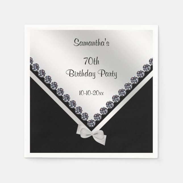 Serviette En Papier Diamants mousseux et Bow argenté 70e anniversaire (Devant)