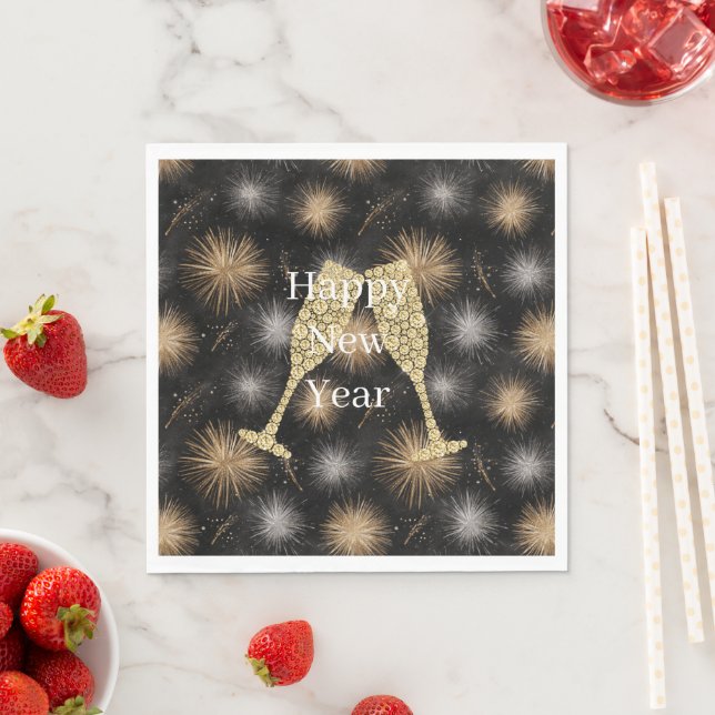 Serviette En Papier Diamond Champagne Happy New Year Black Fireworks (En situation)