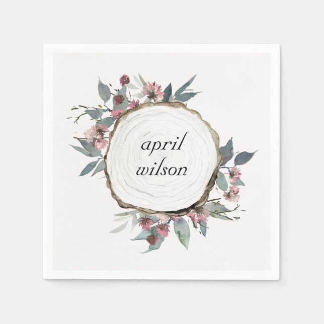 SERVIETTE EN PAPIER DIAPOSITIVE EN BOIS RUSTIQUE ROSE FLORALE EUCALYPT (Devant)