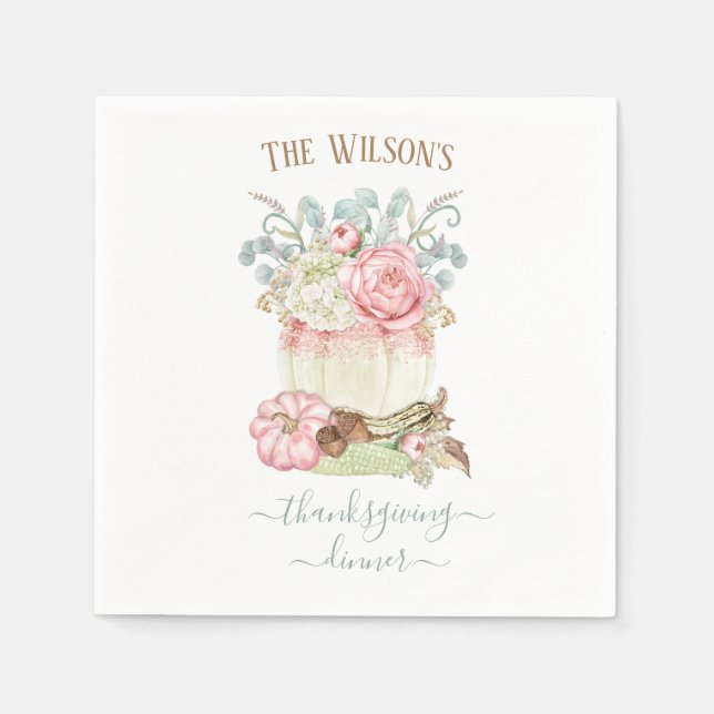 Serviette En Papier Dîner d'action de grâce Citrouille rose vert (Devant)