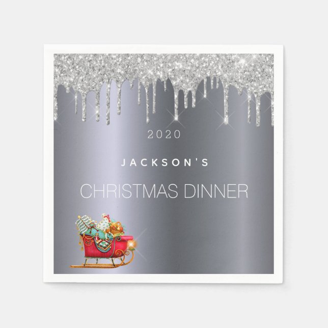 Serviette En Papier Dîner de Noël argent parties scintillant nom de tr (Devant)