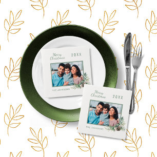 Serviette En Papier Dîner de Noël blanc cône pin nom photo