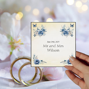Serviette En Papier Dîner Mariage moderne aux fleurs bleues et papillo