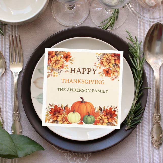 Serviette En Papier Dîner Thanksgiving citrouille orange florales (Créateur téléchargé)